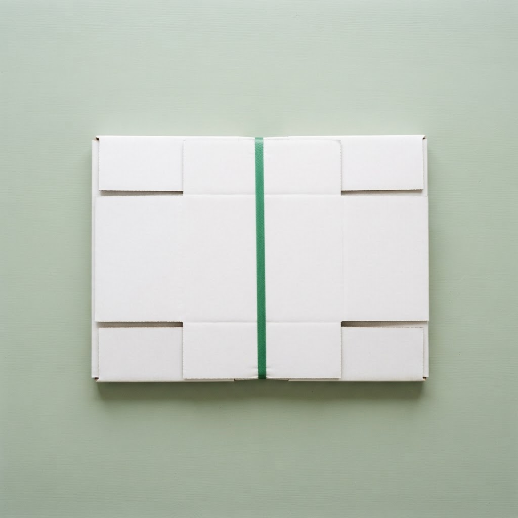 Flattened cardboard box held together by the strap after the RecycleStrip is removed